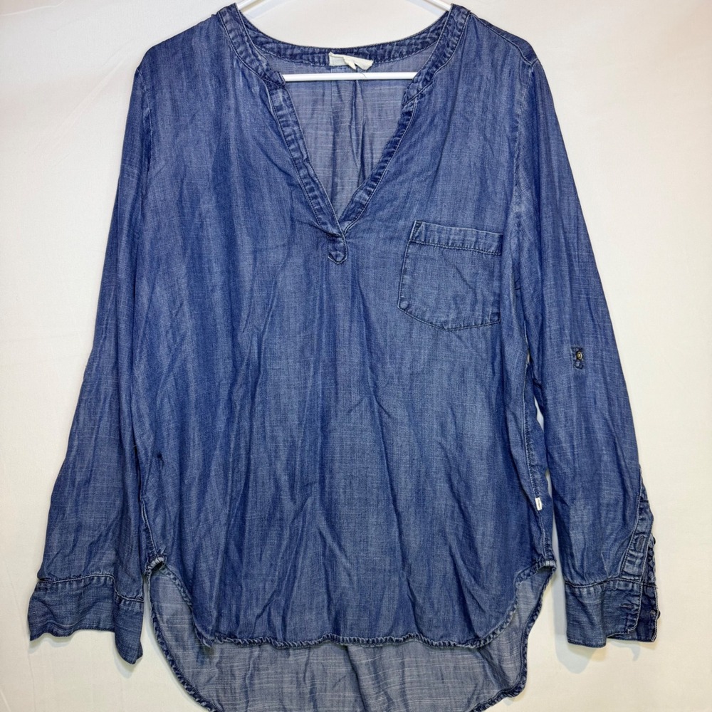 Lou & Grey Womens Blue Chambray Lyocell Roll Tab Sleeve V-Neck Tunic Top Large
